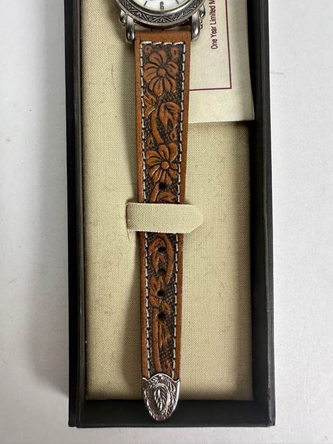 Disney Mickey Mouse Western Style Wristwatch With Tooled Floral Leather Band and Silver-Tone Accents

 [Photo 3]