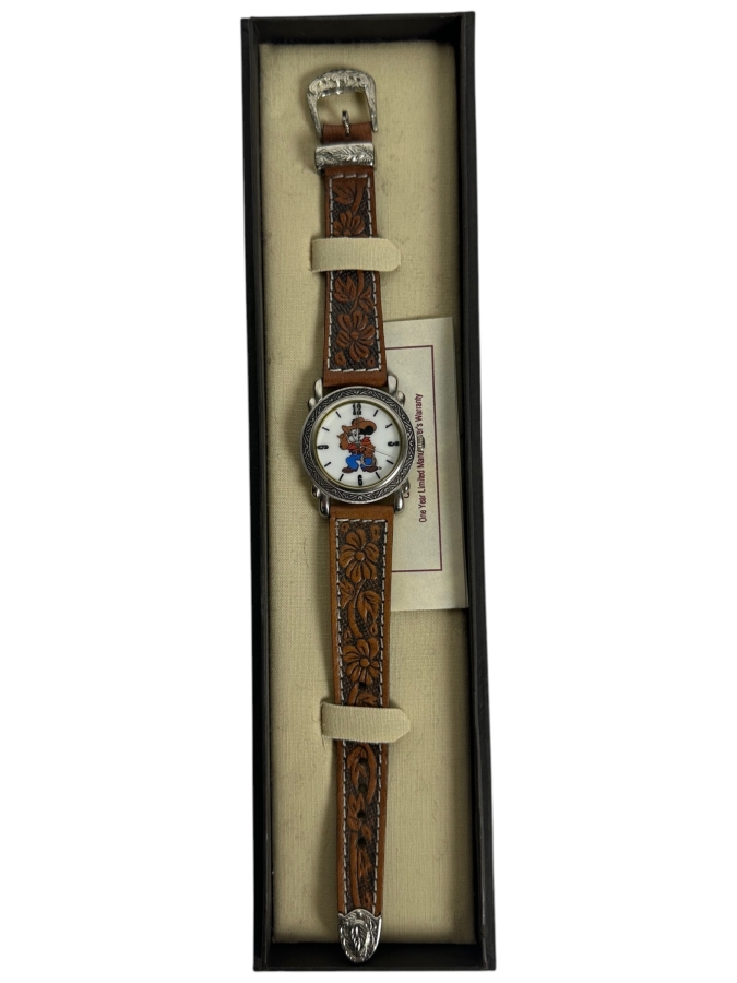 Disney Mickey Mouse Western Style Wristwatch With Tooled Floral Leather Band and Silver-Tone Accents

