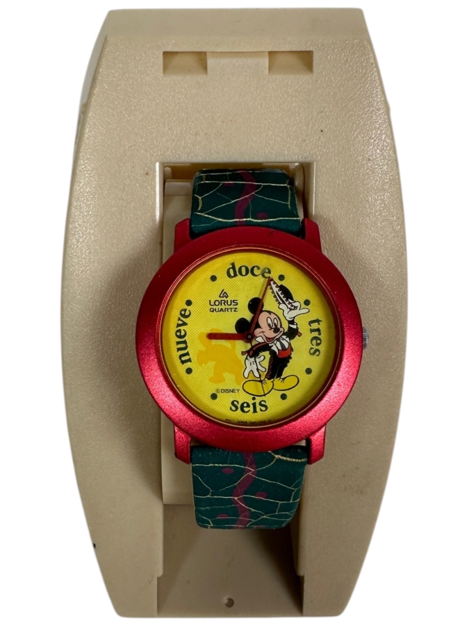 Disney Mickey Mouse Lorus Quartz Spanish Language Dial Red Case Wristwatch With Patterned Green Band
