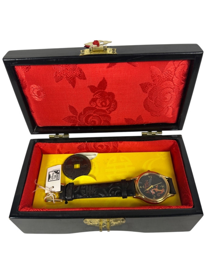 Disney Mulan Limited Edition Fossil Watch With Mushu Dial Coin Accent And Lacquered Wood Display Box