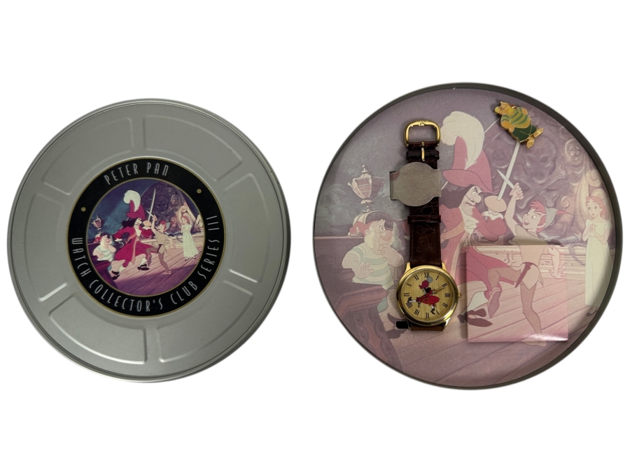 Disney Watch Collector Club Peter Pan Limited Edition Series III Fossil Watch And Pin Set With Film Reel Tin