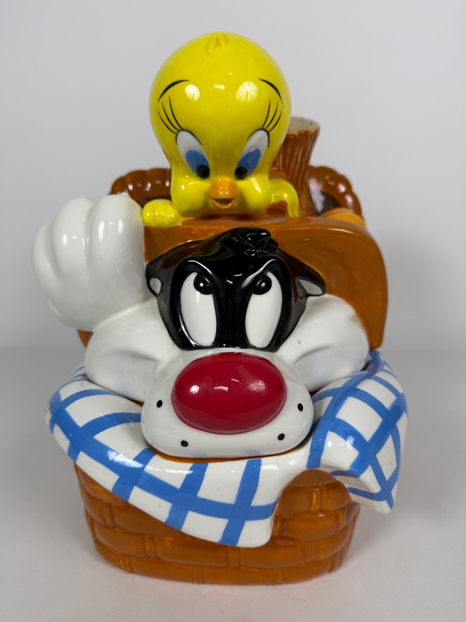 Just Added - Vintage 1999 Warner Bros. Looney Tunes Ceramic Cookie Jar Featuring Sylvester The Cat And Tweety Bird 11'H [Photo 2]
