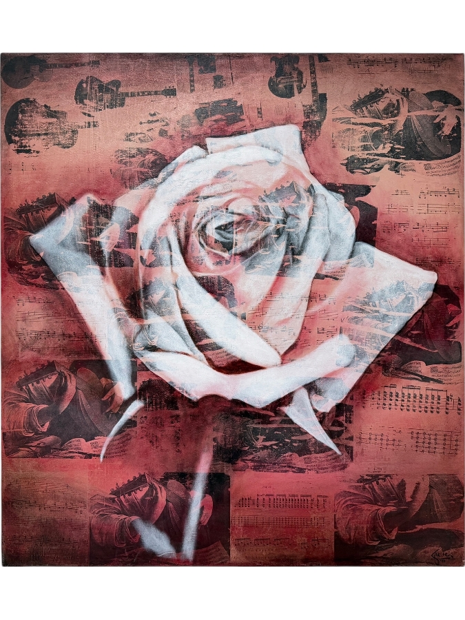 Gerrit Greve (1948-2024, Cardiff by the Sea, CA) Original Acrylic With Carbon Transfers Painting On Canvas Titled 'Music Memories #4' 1994 Signed Verso 36 X 40 Estimate $1,400 - $1,800