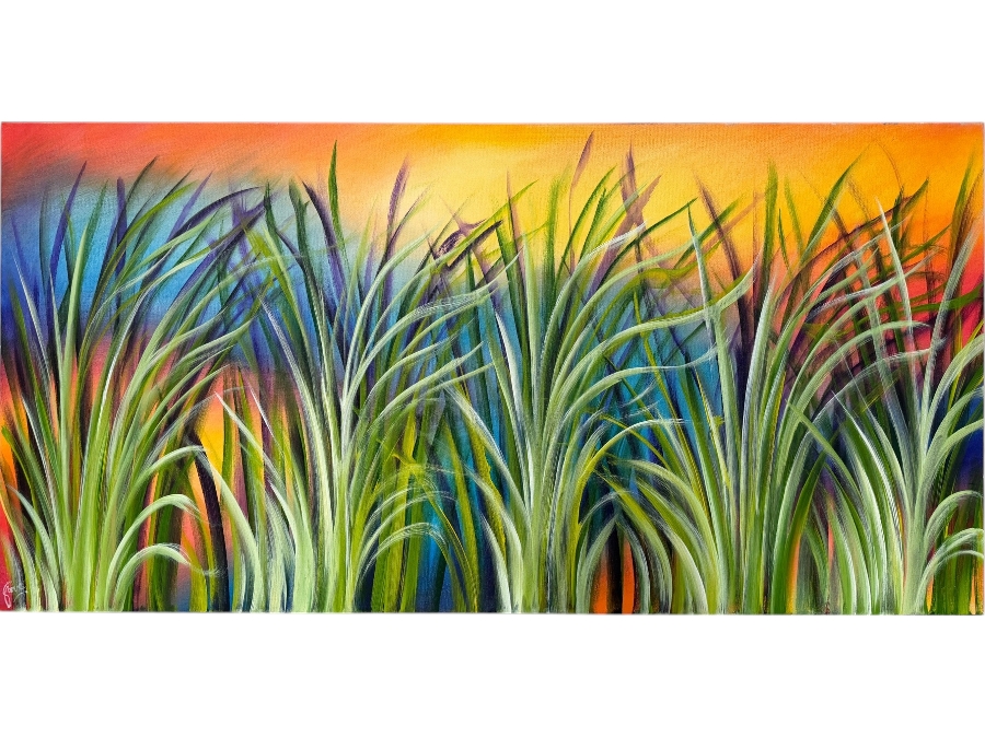 Gerrit Greve (1948-2024, Cardiff by the Sea, CA) Original Acrylic Painting On Canvas Titled 'Birthday Reeds' 2019 Signed Lower Left And Verso 48 X 24 Estimate $1,200 - $1,400