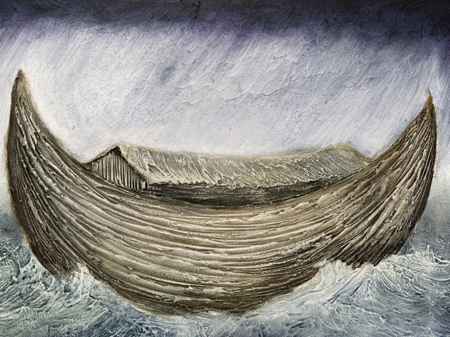 Gerrit Greve (1948-2024, Cardiff by the Sea, CA) Original Acrylic Painting On Canvas Titled 'Noah's Ark  The 34th Day' 2004 Signed Verso 30 X 48 Estimate $1,400 - $1,800 [Photo 4]