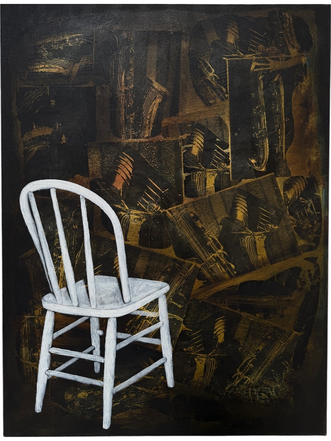 Gerrit Greve (1948-2024, Cardiff by the Sea, CA) Original Acrylic And Carbon Transfers Painting On Canvas Titled 'Music Memories #1' 1994 Signed Verso 30 X 40 Estimate $1,200 - $1,500