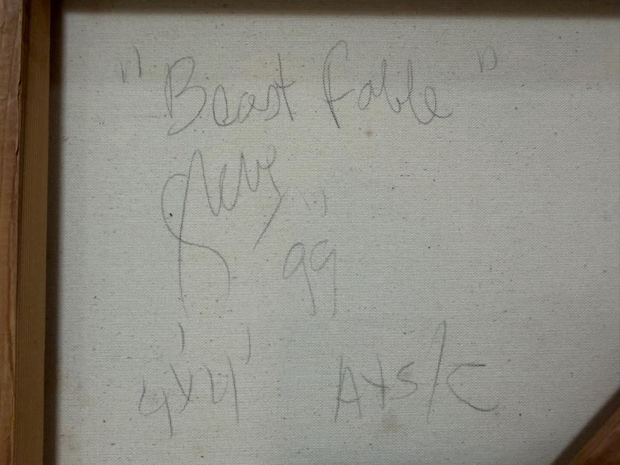 Gerrit Greve (1948-2024, Cardiff by the Sea, CA) Original Acrylic And Sand Painting On Canvas Titled 'Beast Fable' 1999 Signed Verso 48 X 48 Estimate $2,300 - $2,900 (Retails $4,800) [Photo 7]