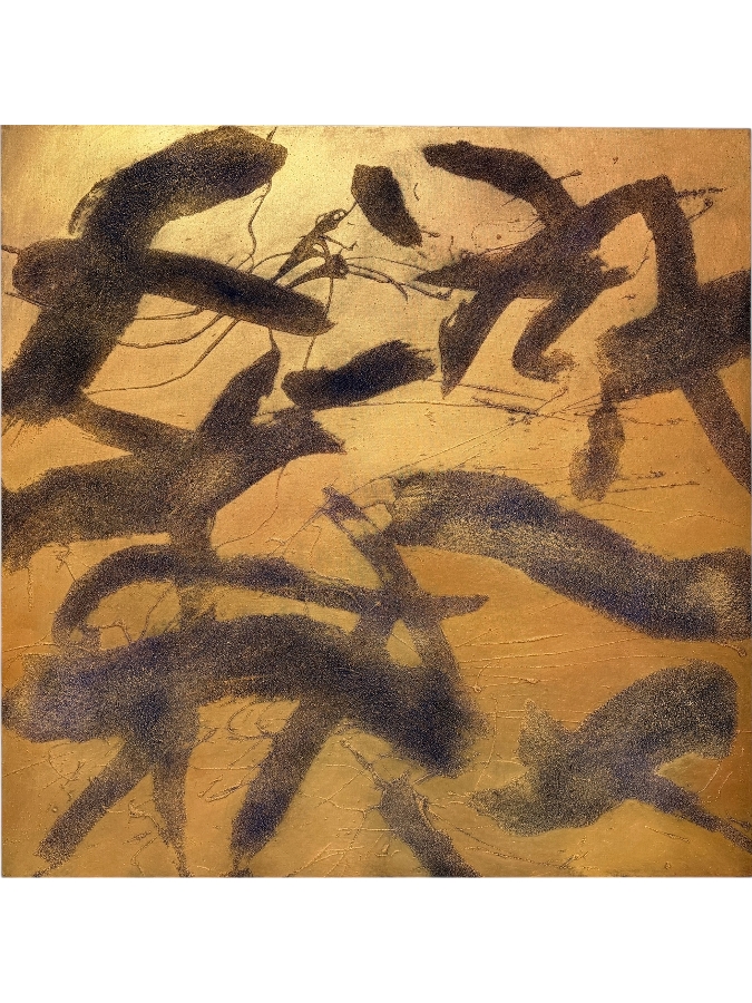 Gerrit Greve (1948-2024, Cardiff by the Sea, CA) Original Acrylic And Sand Painting On Canvas Titled 'Beast Fable' 1999 Signed Verso 48 X 48 Estimate $2,300 - $2,900 (Retails $4,800)