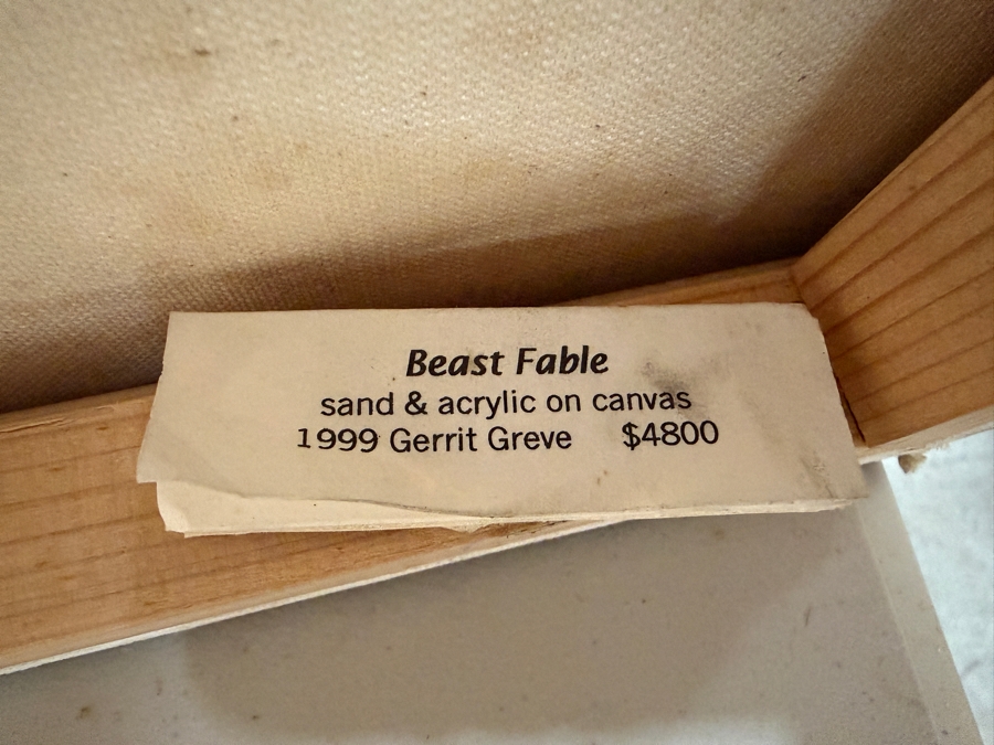 Gerrit Greve (1948-2024, Cardiff by the Sea, CA) Original Acrylic And Sand Painting On Canvas Titled 'Beast Fable' 1999 Signed Verso 48 X 48 Estimate $2,300 - $2,900 (Retails $4,800) [Photo 8]
