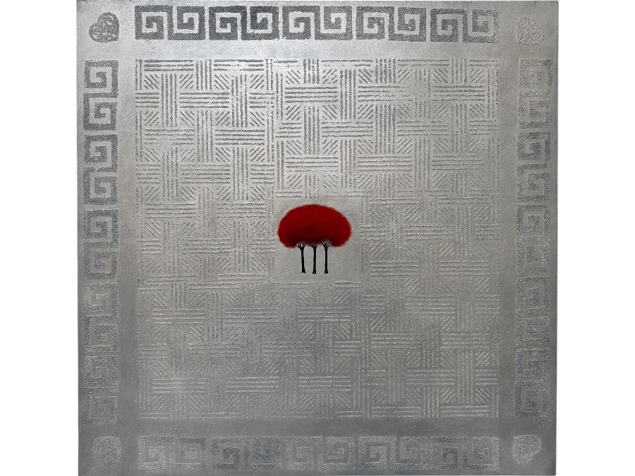 Gerrit Greve (1948-2024, Cardiff by the Sea, CA) Original Acrylic And Sand Painting On Canvas Titled 'Trinity On Silver' 2001 Signed Verso 48 X 48 Estimate $2,300 - $2,900