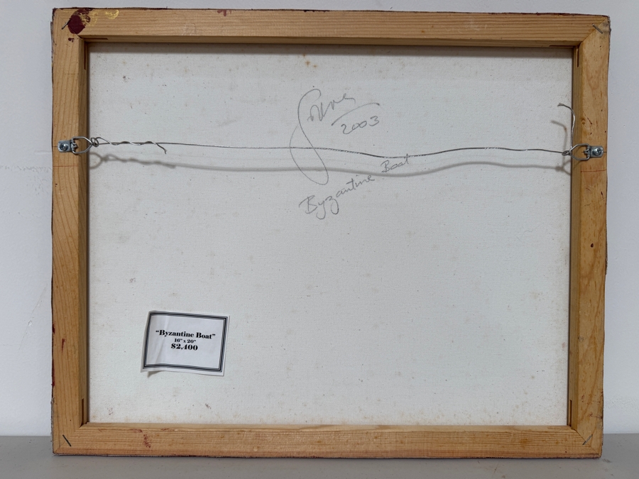Gerrit Greve (1948-2024, Cardiff by the Sea, CA) Original Acrylic And Sand Painting On Canvas Titled 'Byzantine Boat' 2003 Signed Verso 20 X 16 Estimate $300 - $400 (Retails $2,400) [Photo 7]