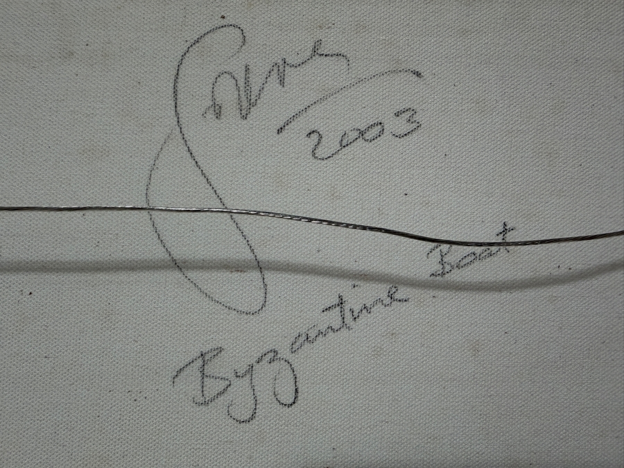 Gerrit Greve (1948-2024, Cardiff by the Sea, CA) Original Acrylic And Sand Painting On Canvas Titled 'Byzantine Boat' 2003 Signed Verso 20 X 16 Estimate $300 - $400 (Retails $2,400) [Photo 8]