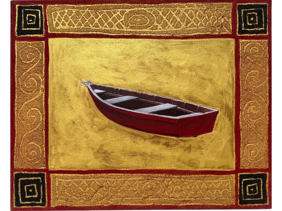 Gerrit Greve (1948-2024, Cardiff by the Sea, CA) Original Acrylic And Sand Painting On Canvas Titled 'Byzantine Boat' 2003 Signed Verso 20 X 16 Estimate $300 - $400 (Retails $2,400)