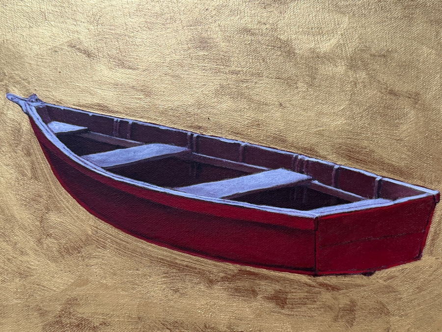 Gerrit Greve (1948-2024, Cardiff by the Sea, CA) Original Acrylic And Sand Painting On Canvas Titled 'Byzantine Boat' 2003 Signed Verso 20 X 16 Estimate $300 - $400 (Retails $2,400) [Photo 3]