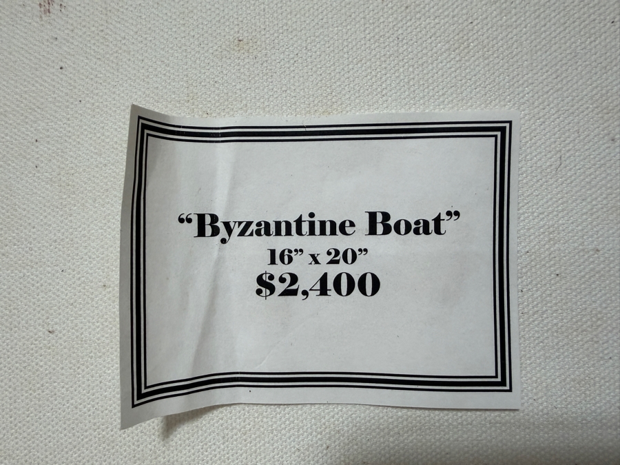 Gerrit Greve (1948-2024, Cardiff by the Sea, CA) Original Acrylic And Sand Painting On Canvas Titled 'Byzantine Boat' 2003 Signed Verso 20 X 16 Estimate $300 - $400 (Retails $2,400) [Photo 9]