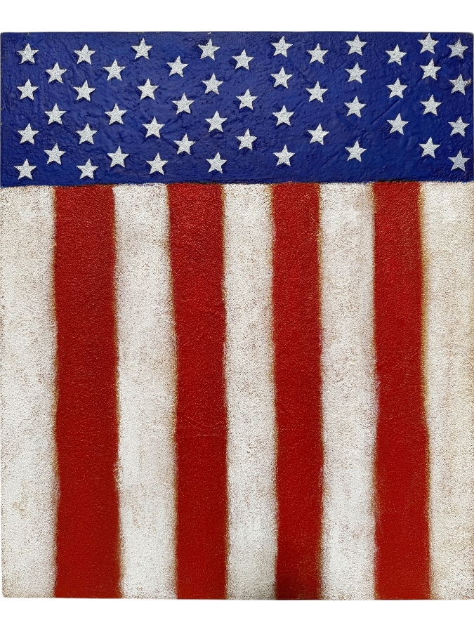 Gerrit Greve (1948-2024, Cardiff by the Sea, CA) Original Acrylic And Sand Painting On Canvas Titled 'American Shield' 2002 Signed Verso 20 X 24 Estimate $500 - $600