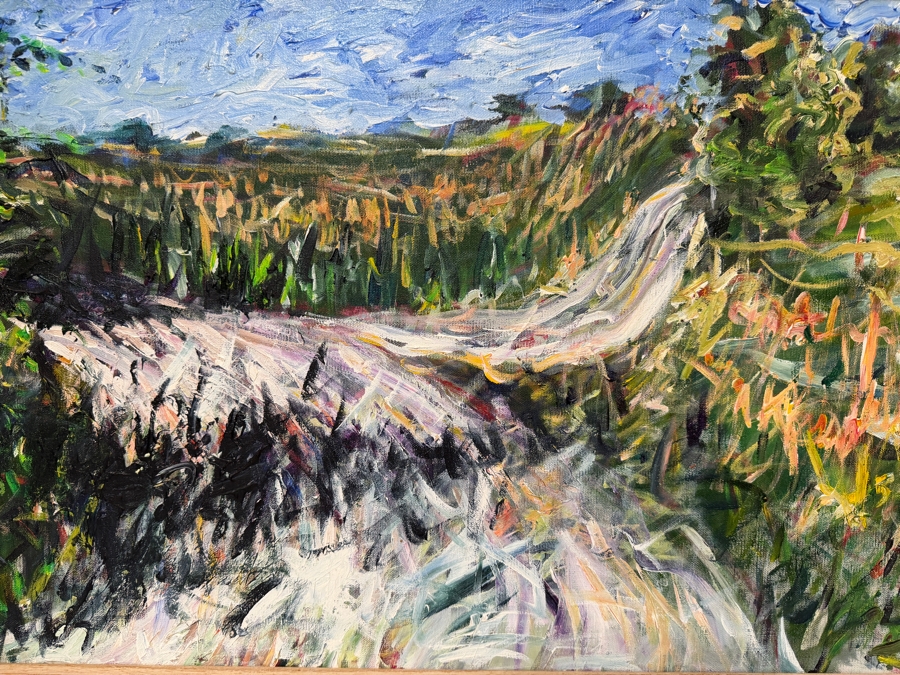 Gerrit Greve (1948-2024, Cardiff by the Sea, CA) Original Acrylic Painting On Canvas Titled 'Meadowlawn - The Road To Aunt Fannie's #1' 1991 Signed Lower Right And Verso 36 X 18 Estimate $600 - $800 [Photo 2]