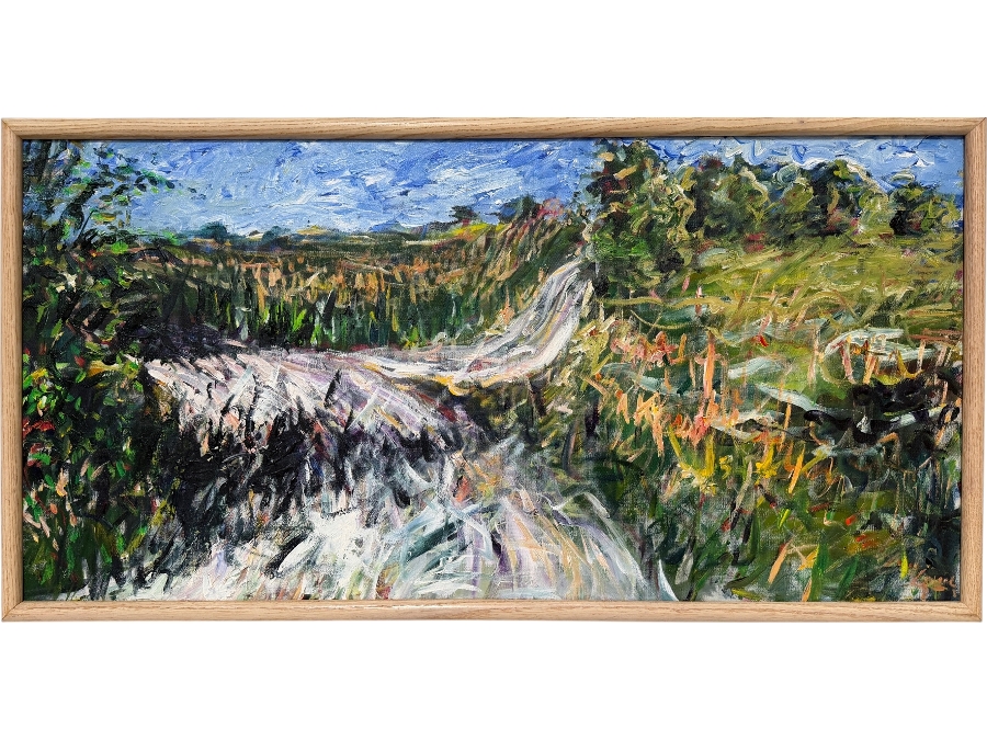 Gerrit Greve (1948-2024, Cardiff by the Sea, CA) Original Acrylic Painting On Canvas Titled 'Meadowlawn - The Road To Aunt Fannie's #1' 1991 Signed Lower Right And Verso 36 X 18 Estimate $600 - $800