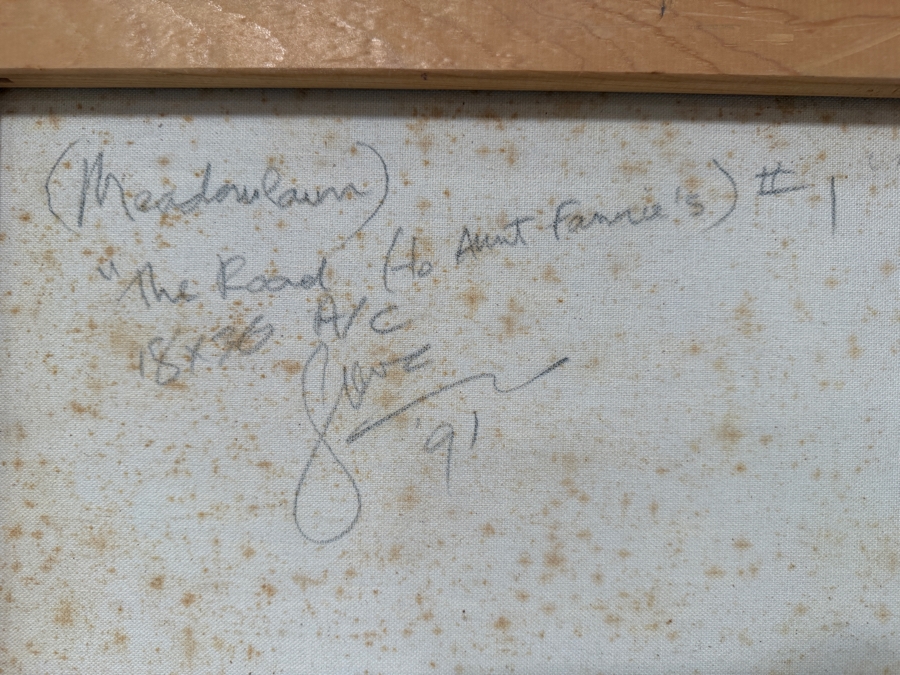 Gerrit Greve (1948-2024, Cardiff by the Sea, CA) Original Acrylic Painting On Canvas Titled 'Meadowlawn - The Road To Aunt Fannie's #1' 1991 Signed Lower Right And Verso 36 X 18 Estimate $600 - $800 [Photo 7]