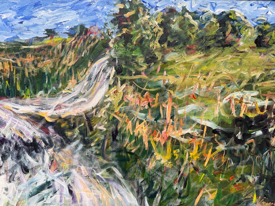 Gerrit Greve (1948-2024, Cardiff by the Sea, CA) Original Acrylic Painting On Canvas Titled 'Meadowlawn - The Road To Aunt Fannie's #1' 1991 Signed Lower Right And Verso 36 X 18 Estimate $600 - $800 [Photo 3]