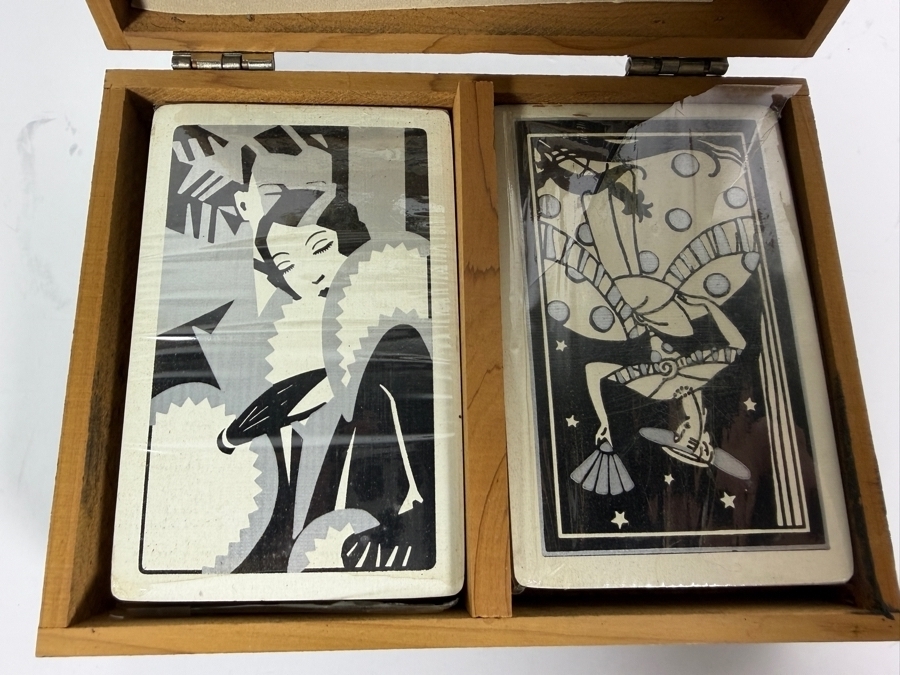Just Added - Rare Factory Sealed Art Deco Bridge Playing Card Set In An Art Deco Wooden Box [Photo 4]