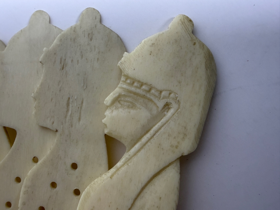 Just Added - Antique Victorian Era Carved Bone Fan With Egyptian Motif 9.5W X 7H [Photo 3]