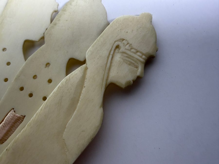 Just Added - Antique Victorian Era Carved Bone Fan With Egyptian Motif 9.5W X 7H [Photo 6]