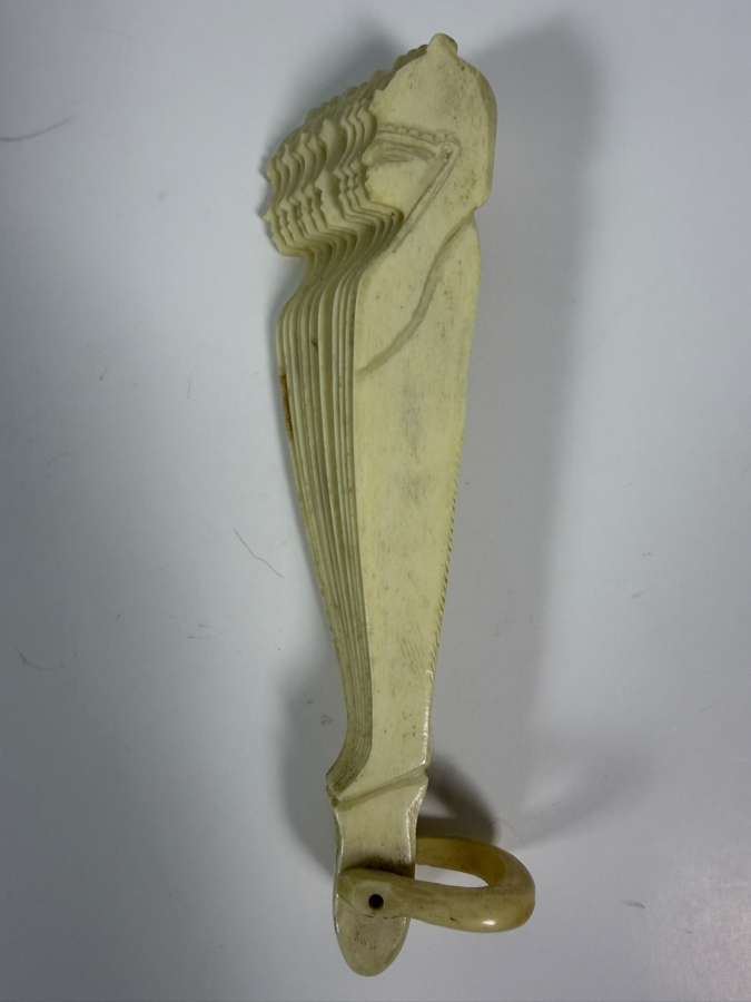 Just Added - Antique Victorian Era Carved Bone Fan With Egyptian Motif 9.5W X 7H [Photo 9]