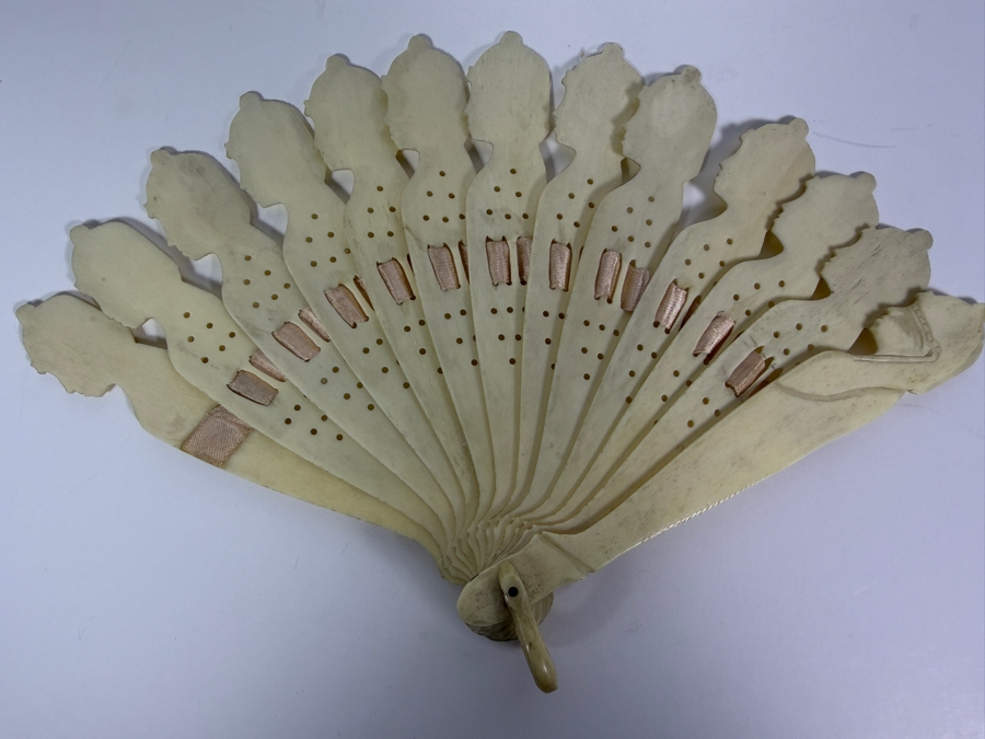 Just Added - Antique Victorian Era Carved Bone Fan With Egyptian Motif 9.5W X 7H [Photo 2]
