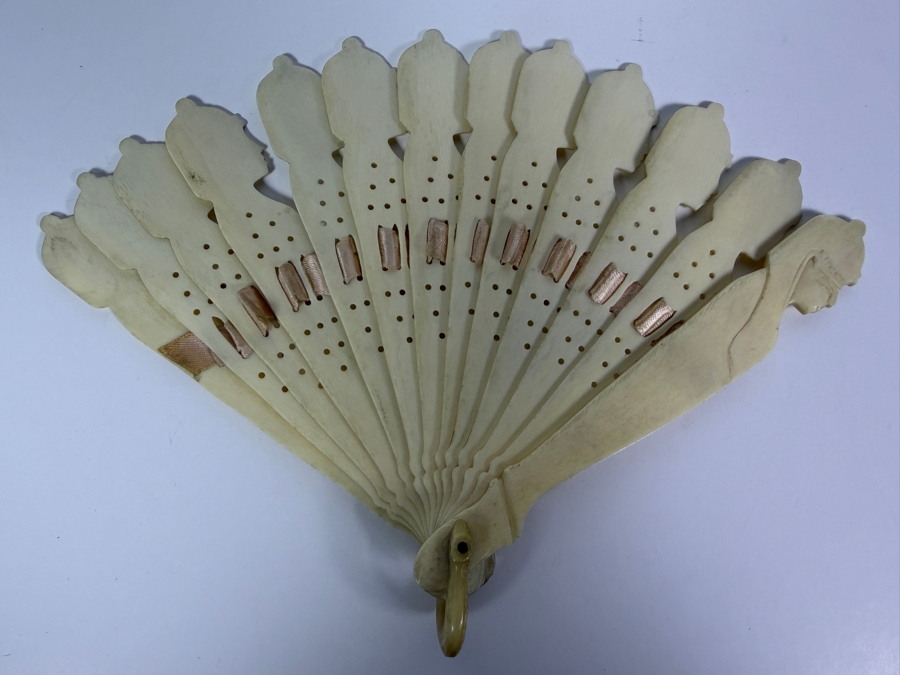 Just Added - Antique Victorian Era Carved Bone Fan With Egyptian Motif 9.5W X 7H [Photo 5]