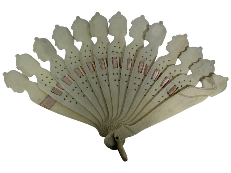 Just Added - Antique Victorian Era Carved Bone Fan With Egyptian Motif 9.5W X 7H