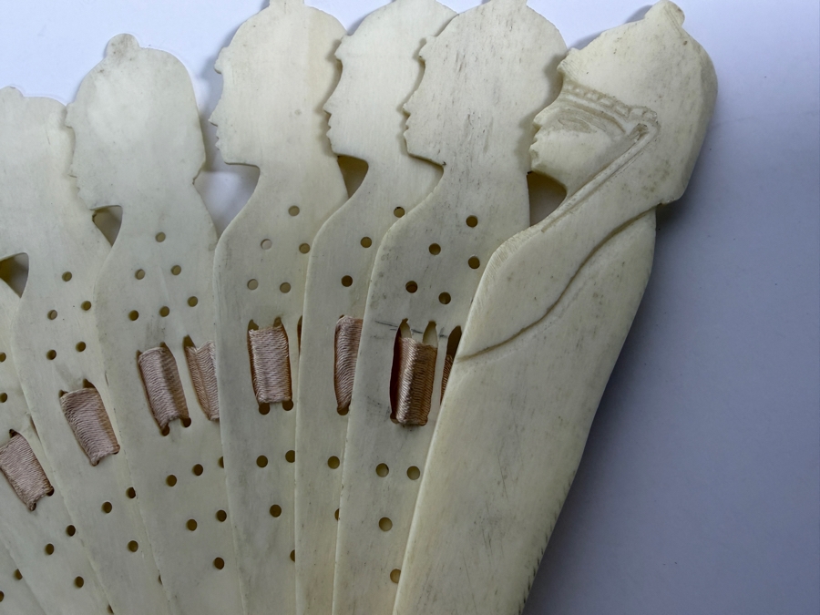 Just Added - Antique Victorian Era Carved Bone Fan With Egyptian Motif 9.5W X 7H [Photo 4]