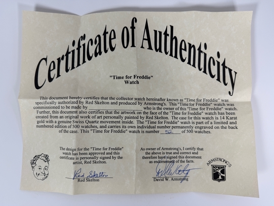 14k Gold Limited Edition Hand Signed Red Skelton Wrist Watch By Armstrong's 1997 Titled 'Time For Freddie' Numbered 52 Of 500 With COA And Original Box [Photo 6]