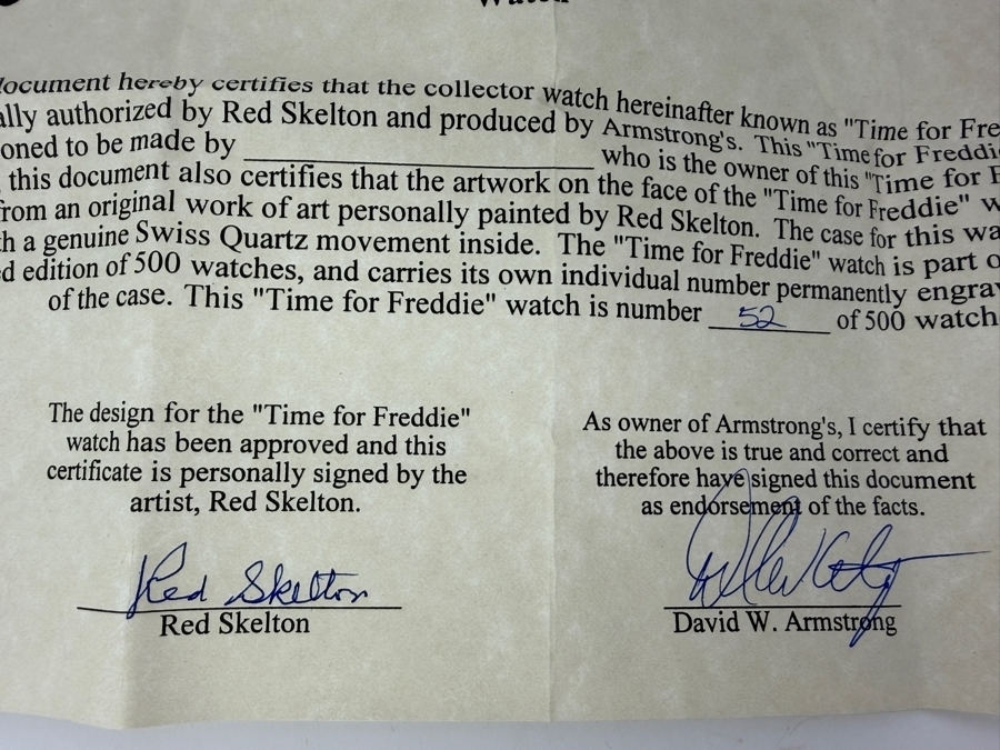 14k Gold Limited Edition Hand Signed Red Skelton Wrist Watch By Armstrong's 1997 Titled 'Time For Freddie' Numbered 52 Of 500 With COA And Original Box [Photo 7]