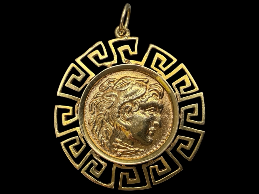 18k Gold Greek Coin Pendant 3.6g