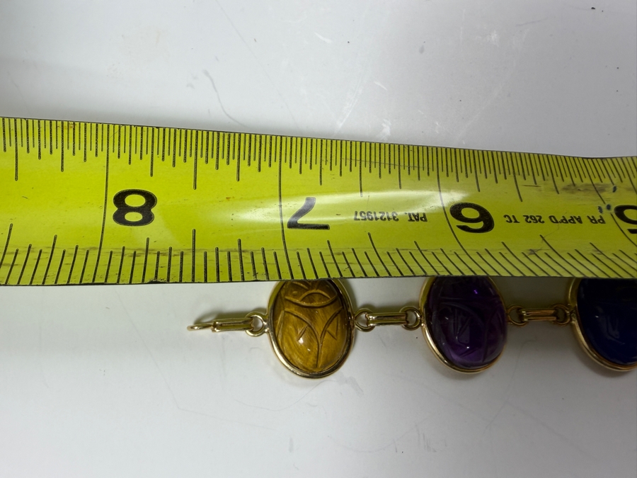 14k Gold Egyptian Revival Bracelet Featured Carved Multi-Colored Gemstone Scarabs 7.5'L 17.4g [Photo 5]