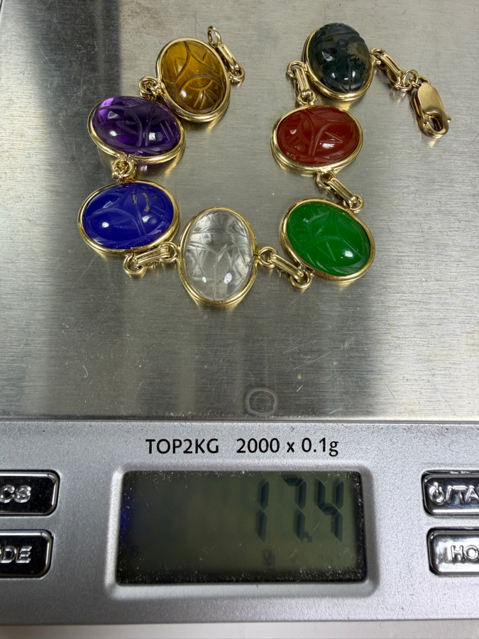 14k Gold Egyptian Revival Bracelet Featured Carved Multi-Colored Gemstone Scarabs 7.5'L 17.4g [Photo 6]