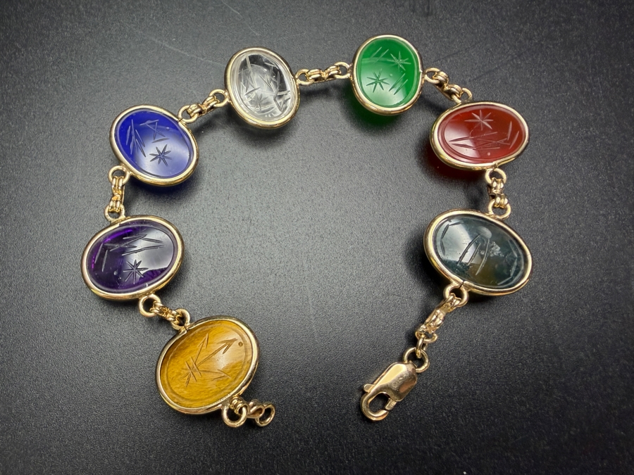 14k Gold Egyptian Revival Bracelet Featured Carved Multi-Colored Gemstone Scarabs 7.5'L 17.4g [Photo 4]