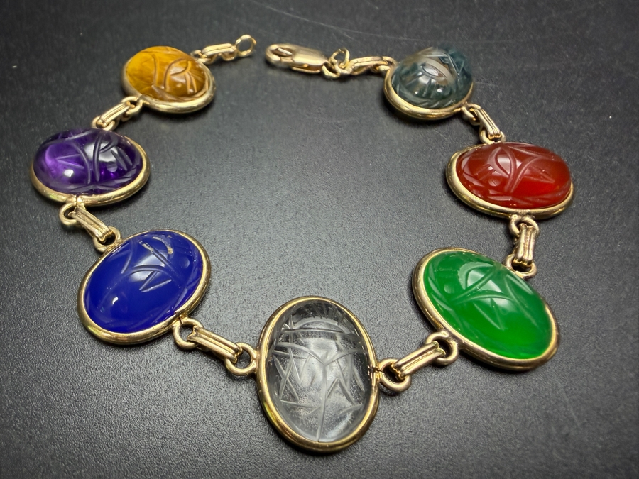 14k Gold Egyptian Revival Bracelet Featured Carved Multi-Colored Gemstone Scarabs 7.5'L 17.4g [Photo 2]