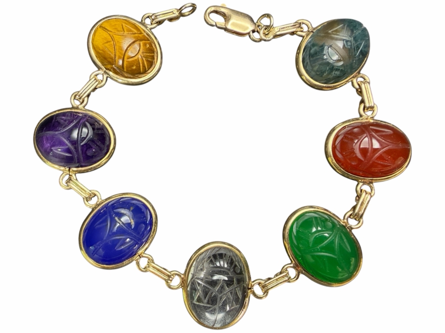 14k Gold Egyptian Revival Bracelet Featured Carved Multi-Colored Gemstone Scarabs 7.5'L 17.4g