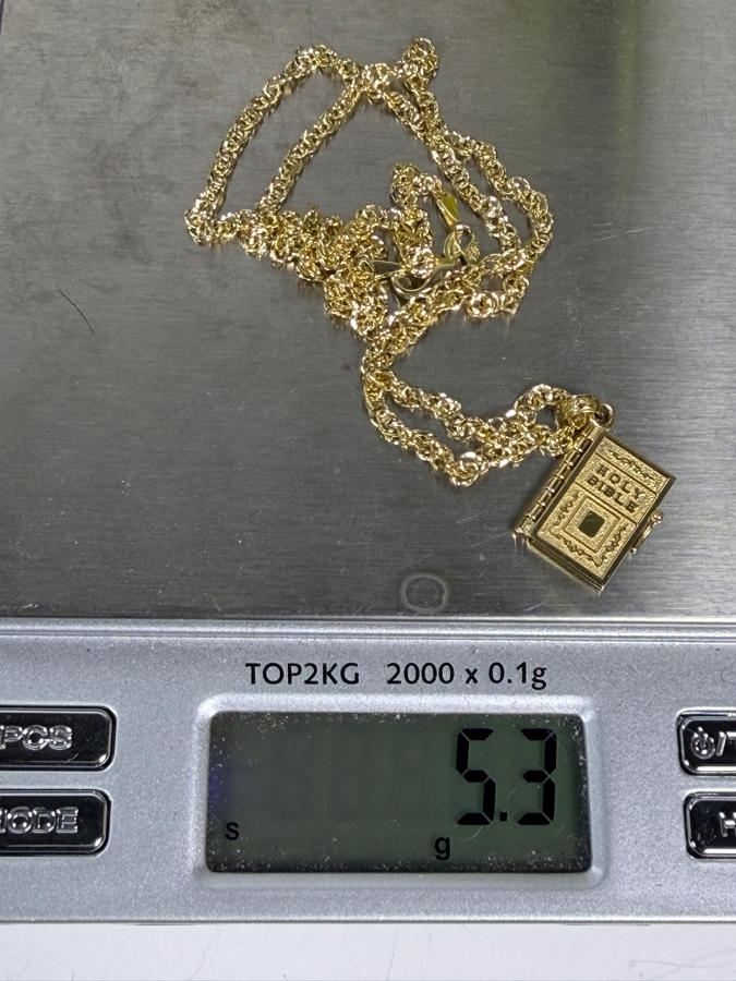14k Gold 20' Chain Necklace With 14k Gold Holy Bible Pendant 5.3g ($450 Melt Value) [Photo 15]
