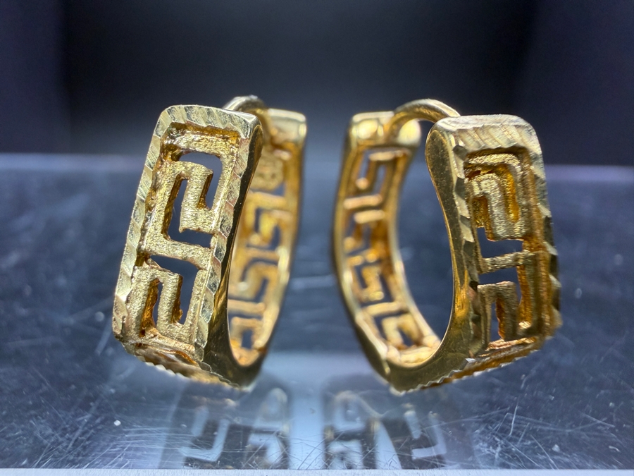 14k Gold Hoop Earrings With A Greek Key Design 4.1g ($350 Melt Value) [Photo 2]