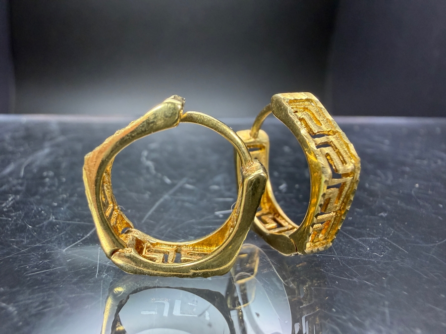 14k Gold Hoop Earrings With A Greek Key Design 4.1g ($350 Melt Value) [Photo 4]