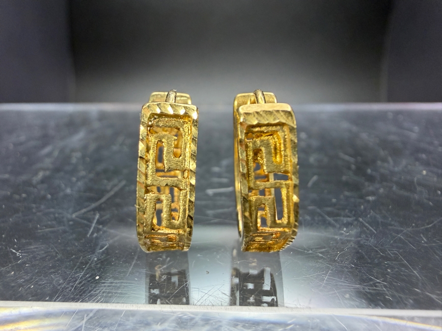 14k Gold Hoop Earrings With A Greek Key Design 4.1g ($350 Melt Value) [Photo 3]
