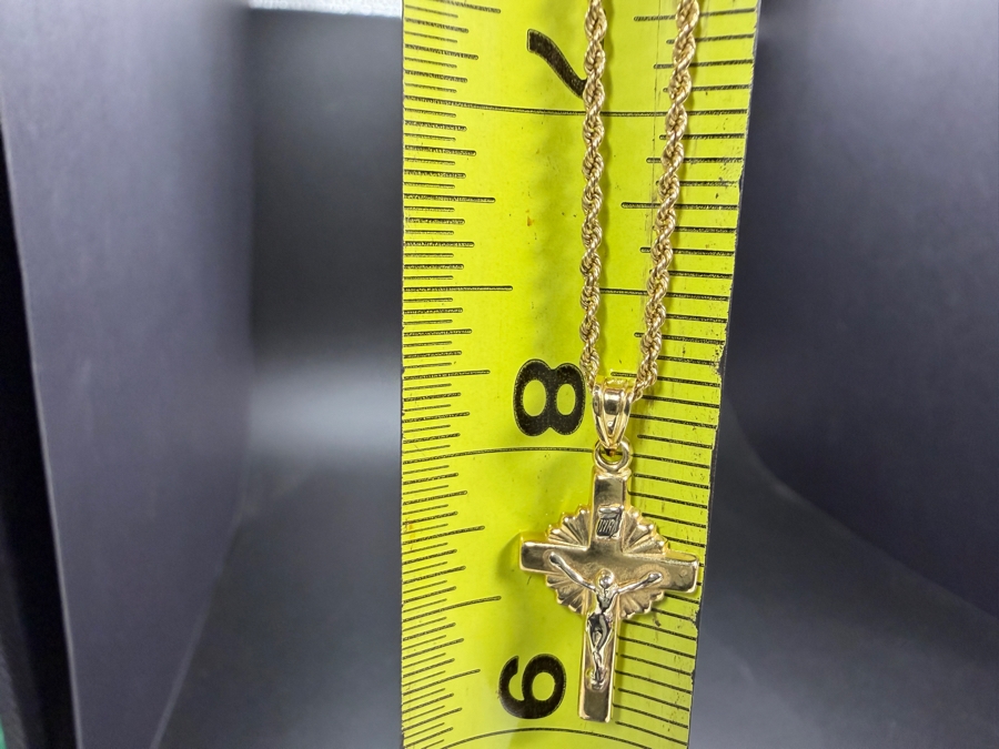 14k Gold 16' Rope Chain Necklace With 14k Gold Cross Pendant 4.2g ($360 Melt Value) [Photo 9]