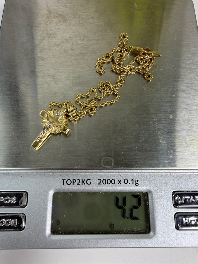 14k Gold 16' Rope Chain Necklace With 14k Gold Cross Pendant 4.2g ($360 Melt Value) [Photo 10]