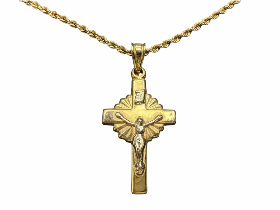 14k Gold 16' Rope Chain Necklace With 14k Gold Cross Pendant 4.2g ($360 Melt Value) [Photo 3]