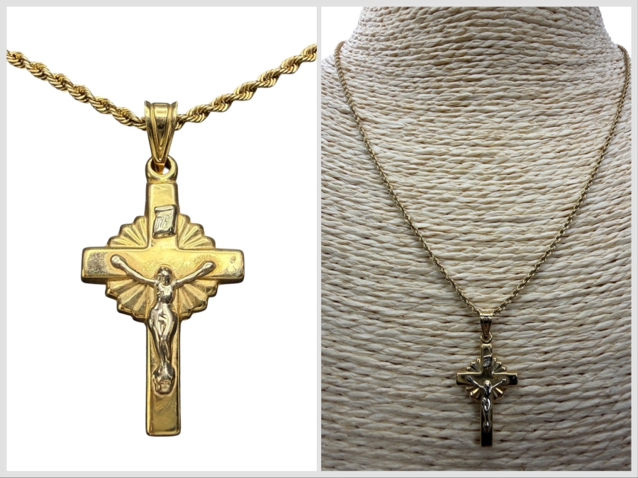 14k Gold 16' Rope Chain Necklace With 14k Gold Cross Pendant 4.2g ($360 Melt Value)