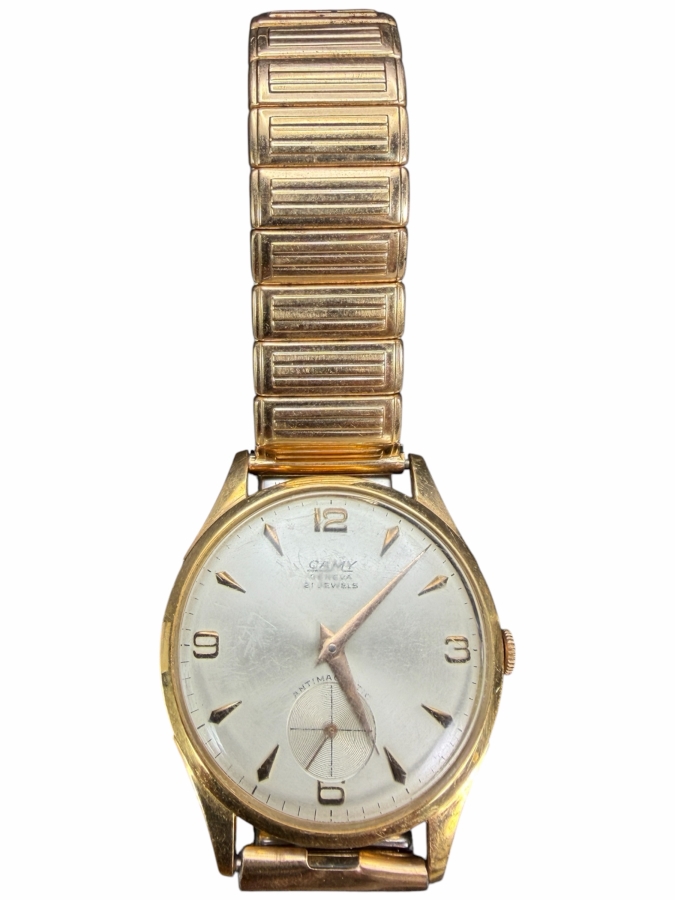 18k Gold Men's Mid-Century Camy Geneva 21 Jewels Wrist Watch Working 54.1g