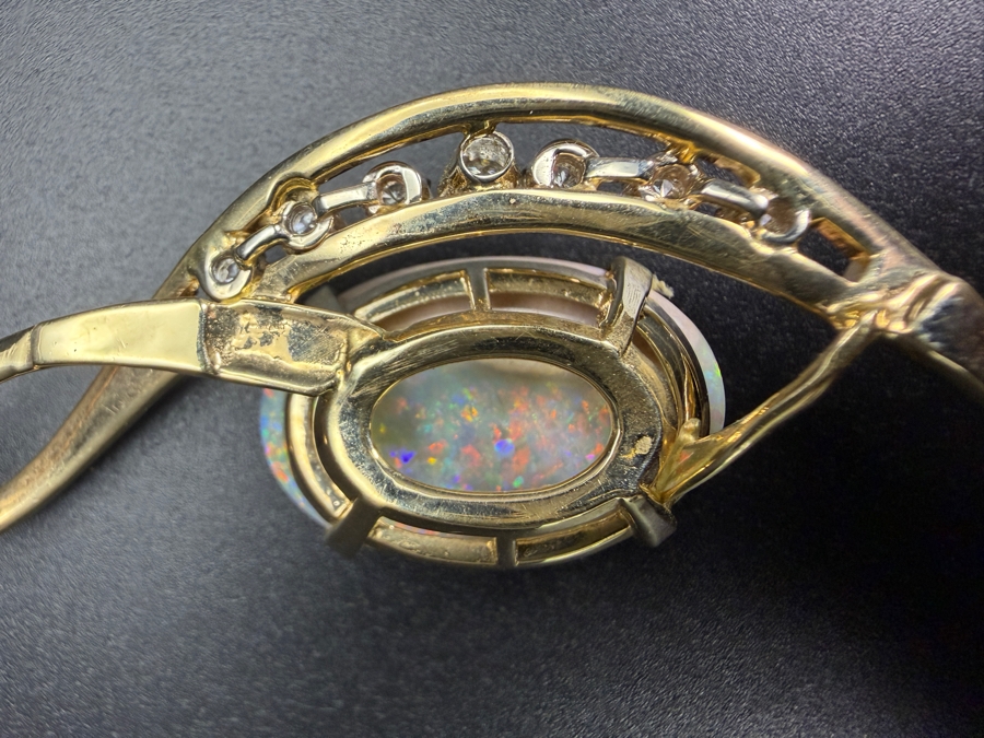 Stunning Large 14k Gold Natural Opal Pendant With (7) Diamonds Apx. 1.05cttw - Opal Is Apx. 10ct - 2.5'L Total Weight 18g Retails $4,000 [Photo 13]